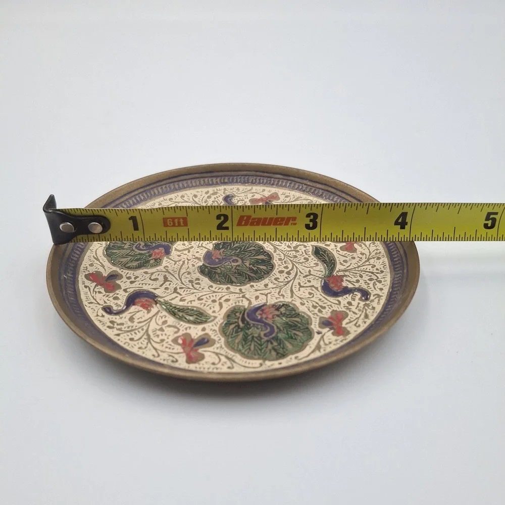 Vtg Hand-Etched Brass Trinket Plate Enamel Peacock Pheasant Floral 4